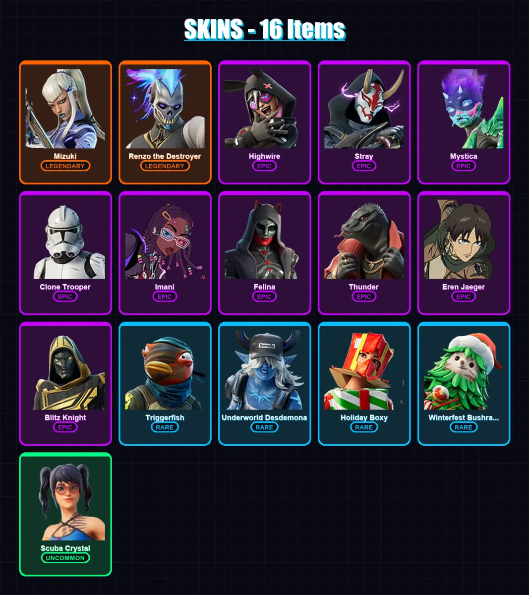 [PC/XBOX/PSN] | Mizuki | Renzo the Destroyer | Highwire | Stray | Mystica | 16 skin | 31 pickaxe | 23 emote | 32 glider | Lv551