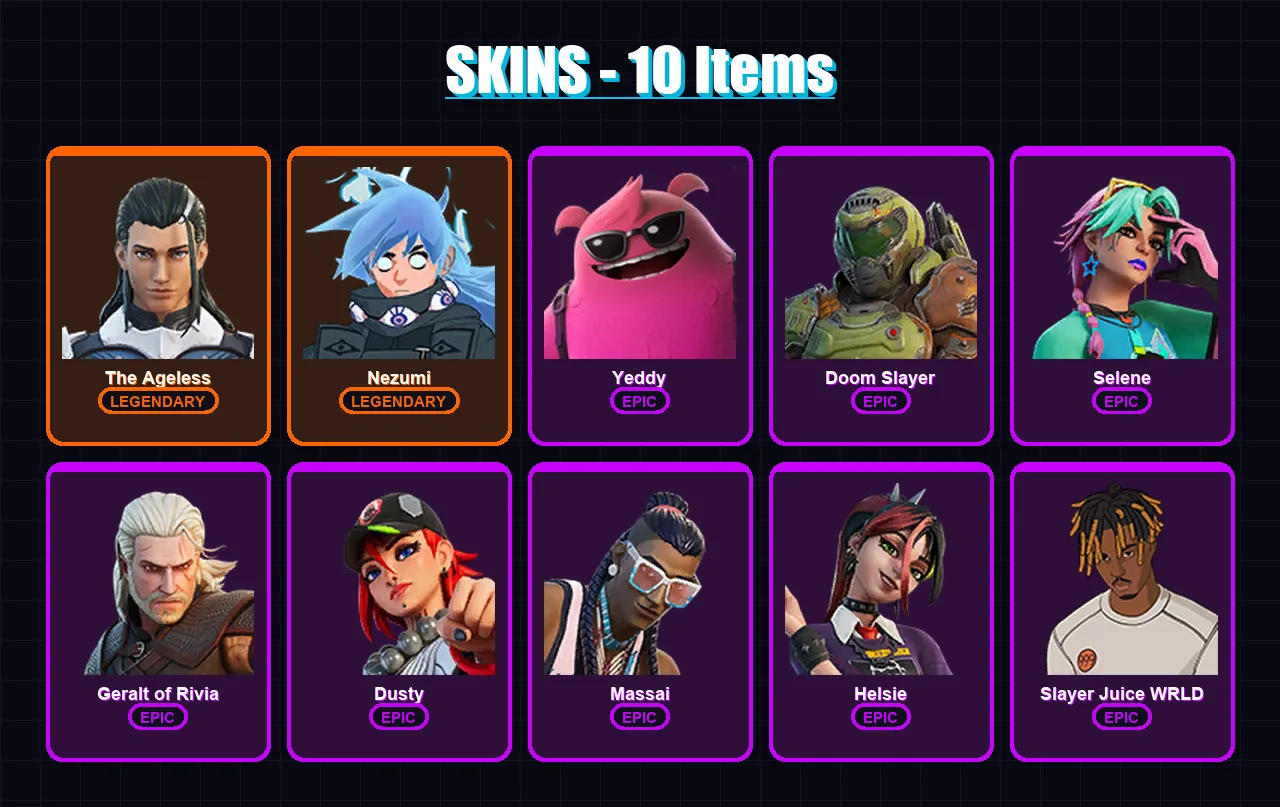 [PC/XBOX/PSN] | The Ageless | Nezumi | Yeddy | Doom Slayer | Selene | 10 skin | 28 pickaxe | 14 emote | 23 glider | Lv294