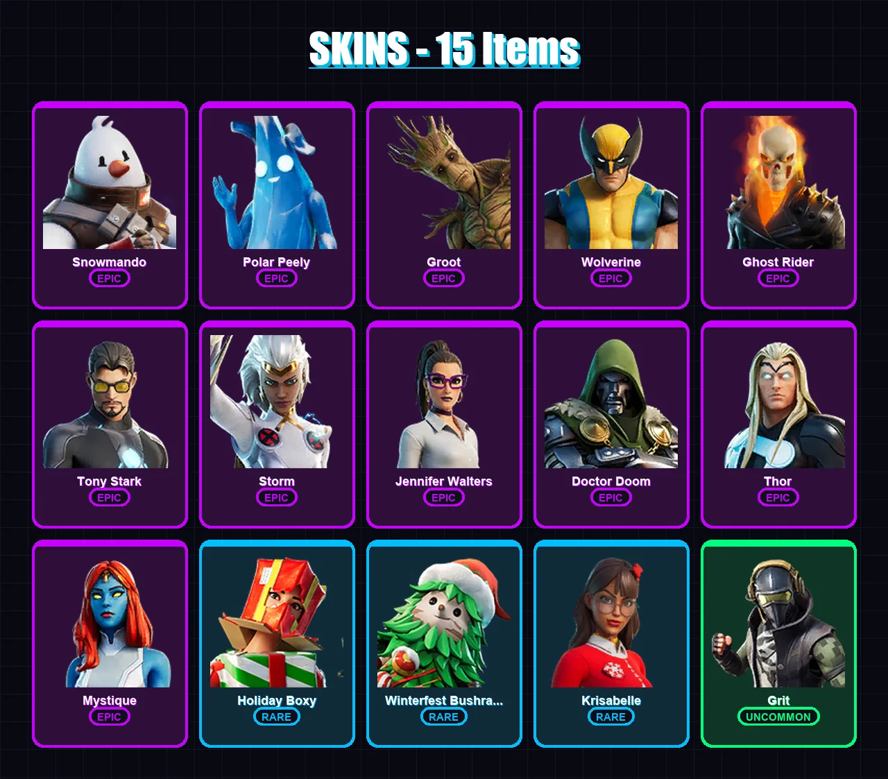 [SWITCH/XBOX/PSN/PC] | Snowmando | Polar Peely | Groot | Wolverine | Ghost Rider | 15 skin | 35 pickaxe | 18 emote | 29 glider | Lv380