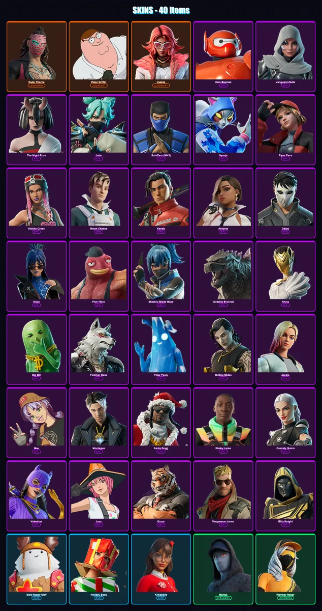 [PC/XBOX/PSN] | Kado Thorne | Peter Griffin | Valeria | Hero Baymax | Vanguard Zadie | 40 skin | 72 pickaxe | 43 emote | 56 glider | Lv805 — Fortnite account