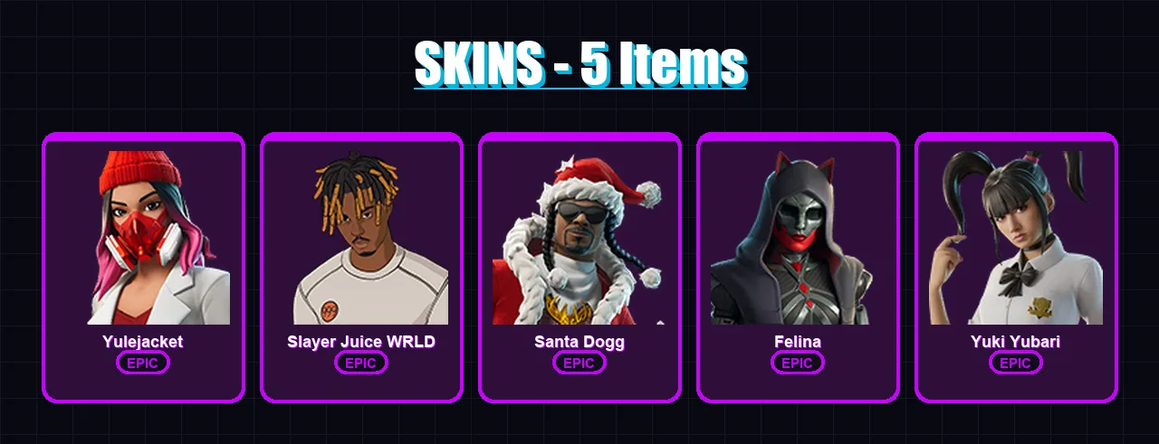 [PS4/PS5/XBOX/PC] | Yulejacket | Slayer Juice WRLD | Santa Dogg | Felina | Yuki Yubari | 5 skin | 29 pickaxe | 12 emote | 13 glider | Lv279