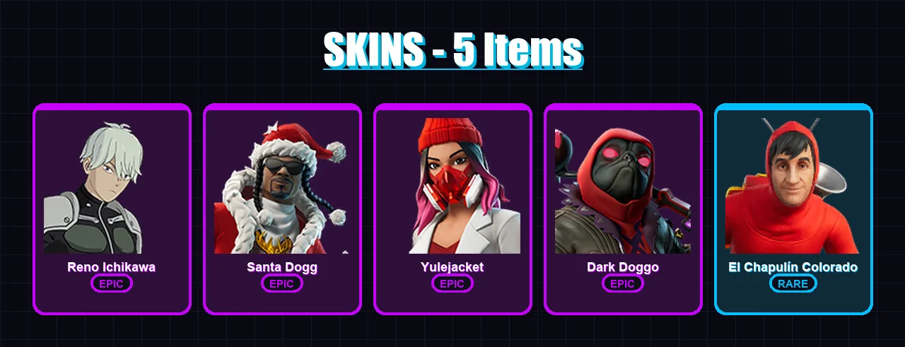 [PC/XBOX/PSN] | Reno Ichikawa | Santa Dogg | Yulejacket | Dark Doggo | El Chapulín Colorado | 5 skin | 21 pickaxe | 6 emote | 13 glider | Lv245
