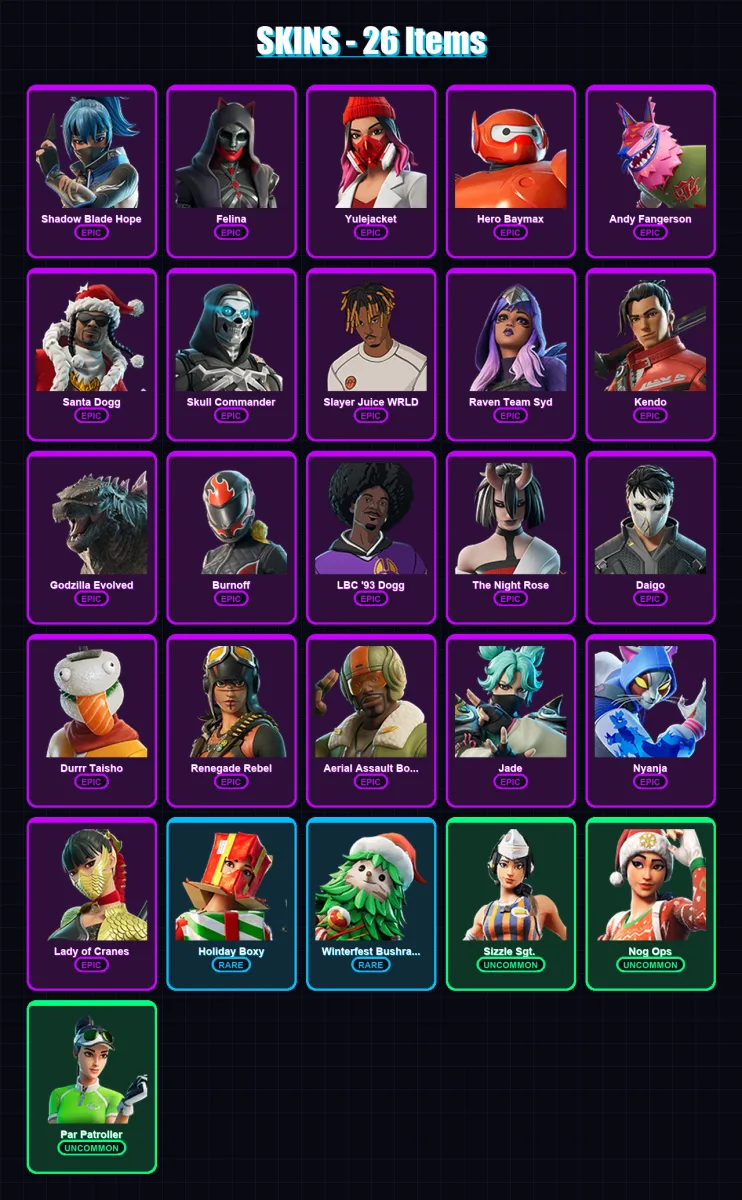 [PC/PSN] | Shadow Blade Hope | Felina | Yulejacket | Hero Baymax | Andy Fangerson | 26 skin | 56 pickaxe | 30 emote | 41 glider | Lv621