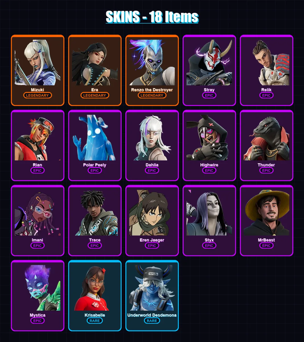 [PC/PSN] | Mizuki | Era | Renzo the Destroyer | Stray | Relik | 18 skin | 24 pickaxe | 28 emote | 23 glider | Lv297