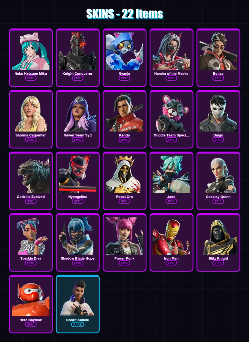 [PS4/PS5/XBOX/PC] | Neko Hatsune Miku | Knight Conqueror | Nyanja | Haruka of the Masks | Bones | 22 skin | 31 pickaxe | 18 emote | 21 glider | Lv16 — Fortnite account