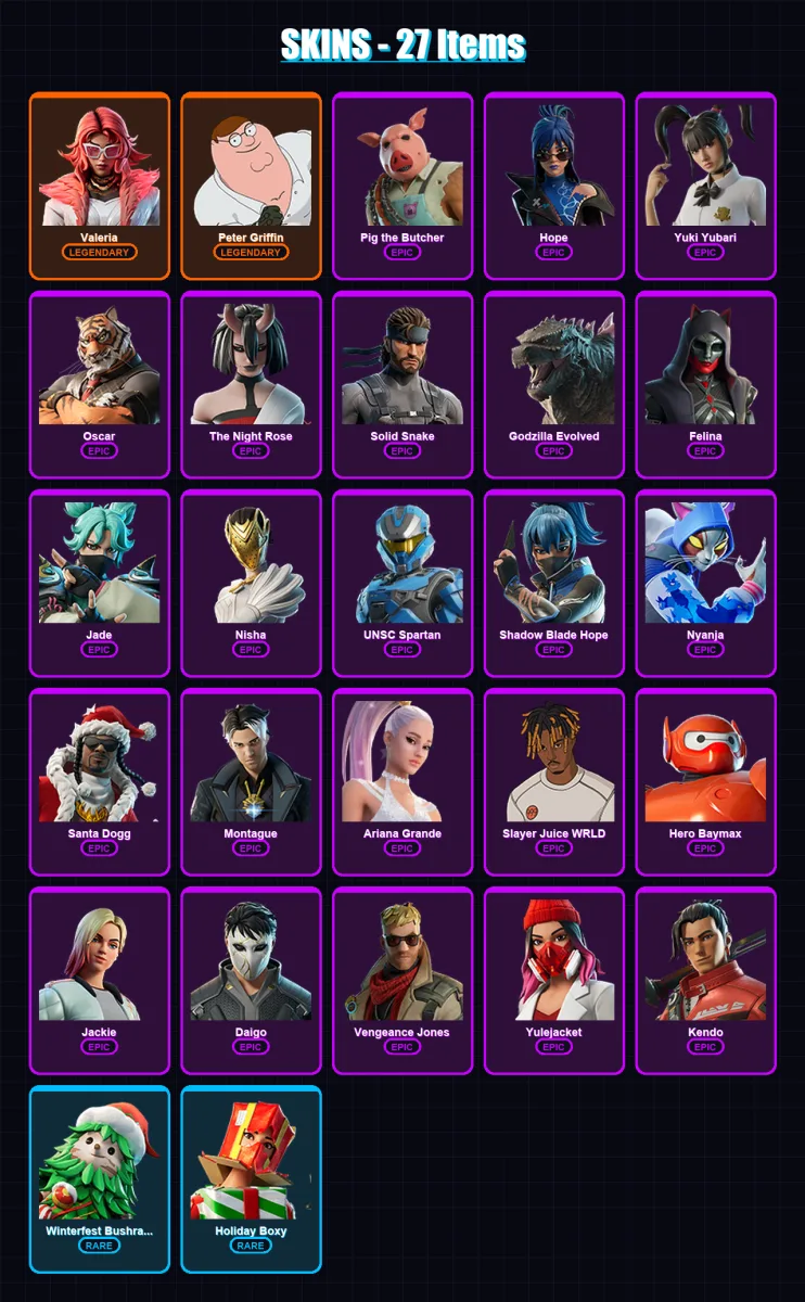 [PS4/PS5/XBOX/PC] | Valeria | Peter Griffin | Pig the Butcher | Hope | Yuki Yubari | 27 skin | 82 pickaxe | 49 emote | 54 glider | Lv892