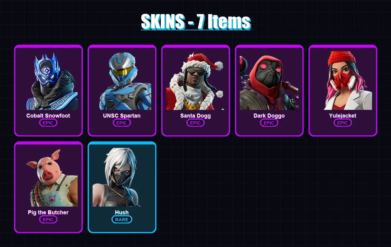 [PS4/PS5/XBOX/PC] | Cobalt Snowfoot | UNSC Spartan | Santa Dogg | Dark Doggo | Yulejacket | 7 skin | 53 pickaxe | 18 emote | 31 glider | Lv473