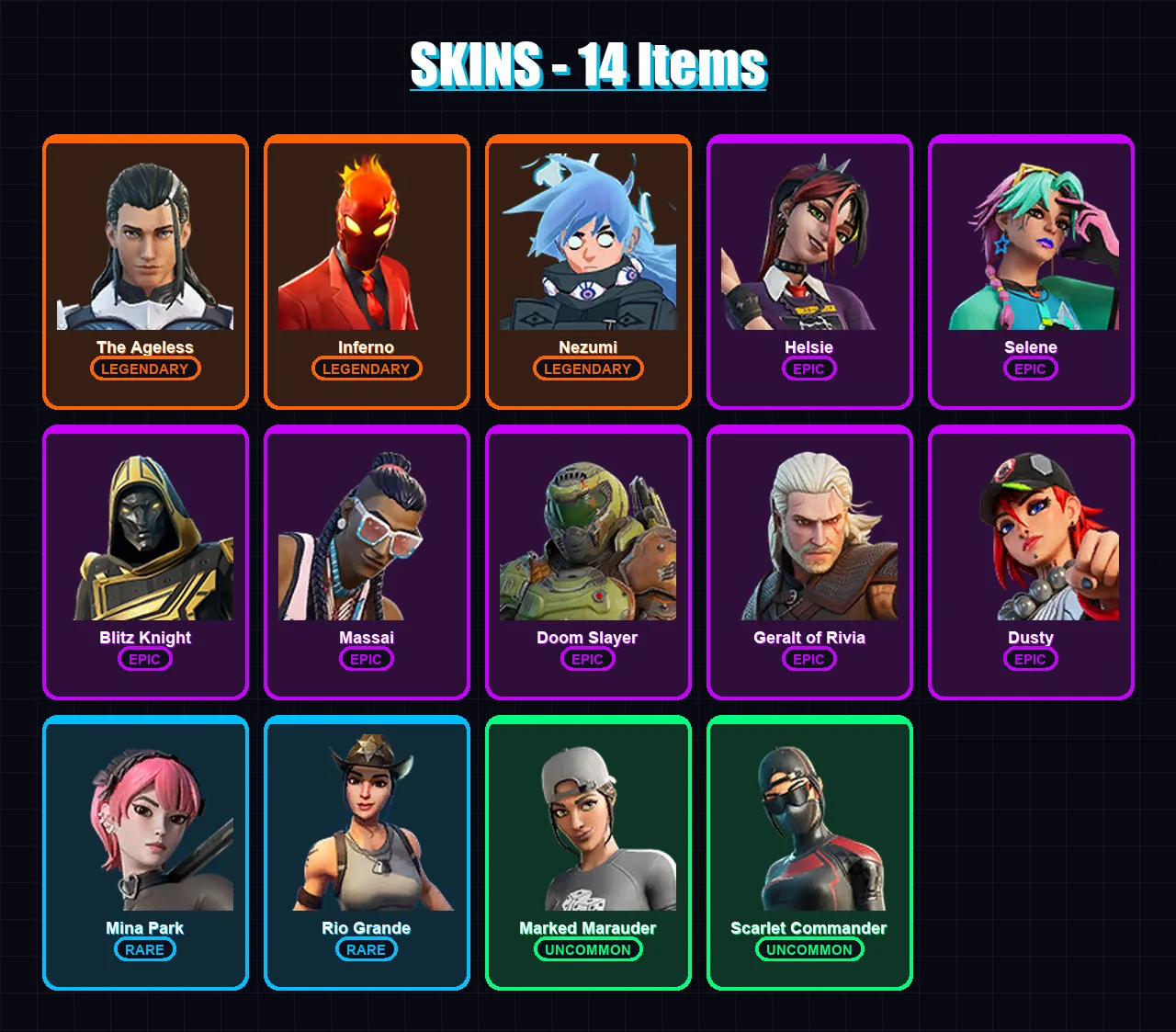 [PS4/PS5/XBOX/PC] | The Ageless | Inferno | Nezumi | Helsie | Selene | 14 skin | 29 pickaxe | 19 emote | 19 glider | Lv266