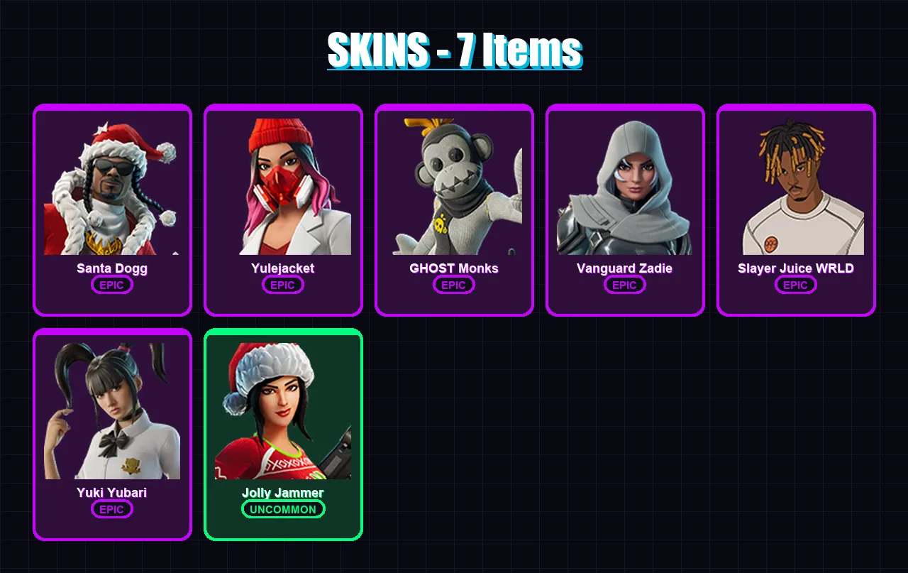 [PC] | Santa Dogg | Yulejacket | GHOST Monks | Vanguard Zadie | Slayer Juice WRLD | 7 skin | 46 pickaxe | 15 emote | 30 glider | Lv657