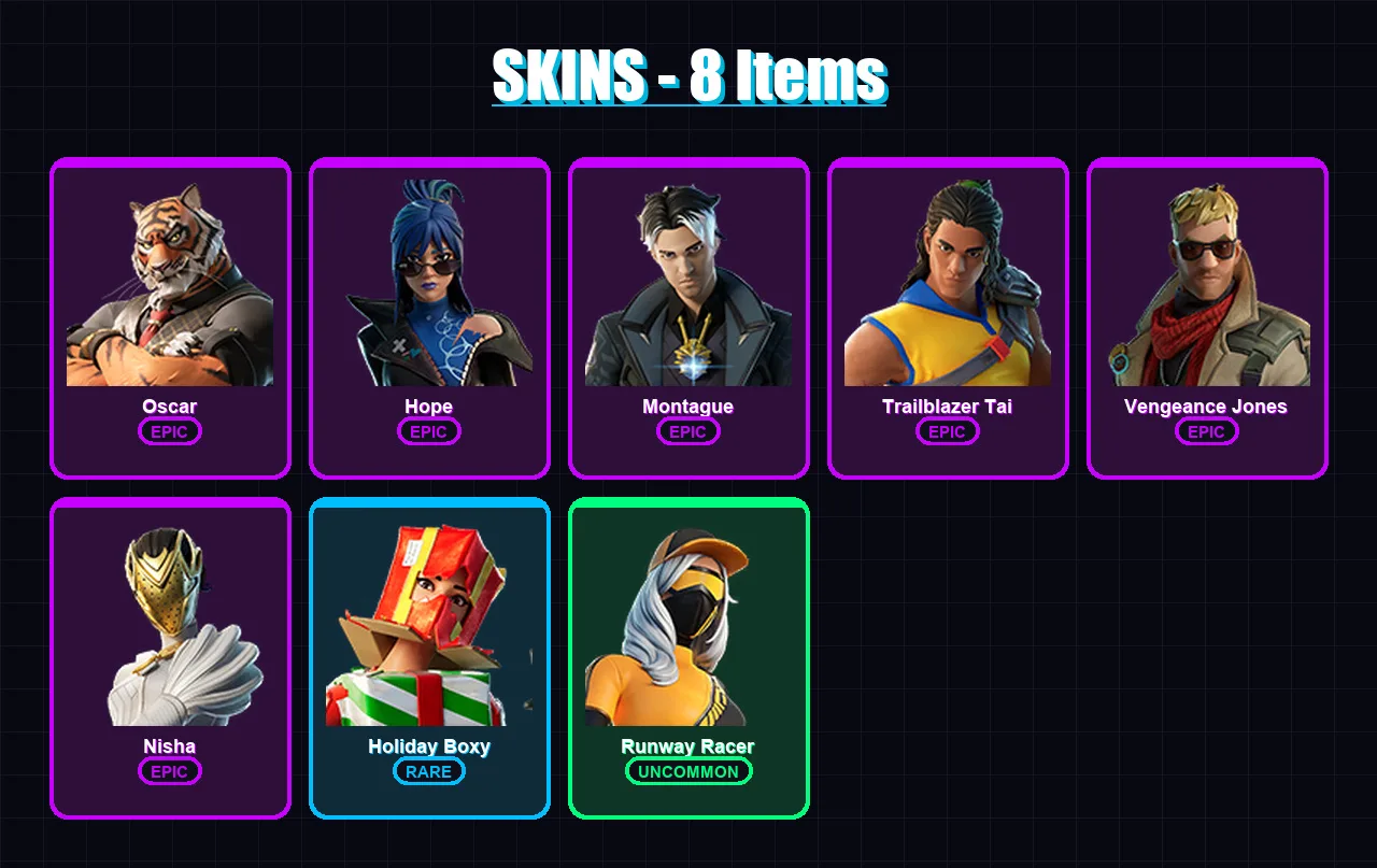 [PC/XBOX/PSN] | Oscar | Hope | Montague | Trailblazer Tai | Vengeance Jones | 8 skin | 11 pickaxe | 10 emote | 14 glider | Lv156