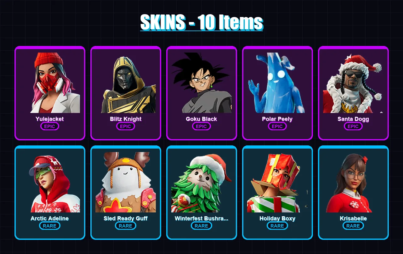 [PC] | Yulejacket | Blitz Knight | Goku Black | Polar Peely | Santa Dogg | 10 skin | 38 pickaxe | 17 emote | 30 glider | Lv267