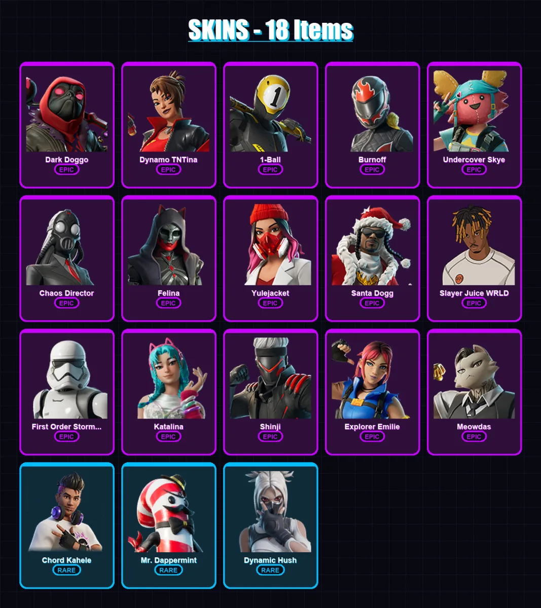 [PS4/PS5/XBOX/PC] | Dark Doggo | Dynamo TNTina | 1-Ball | Burnoff | Undercover Skye | 18 skin | 42 pickaxe | 21 emote | 30 glider | Lv305