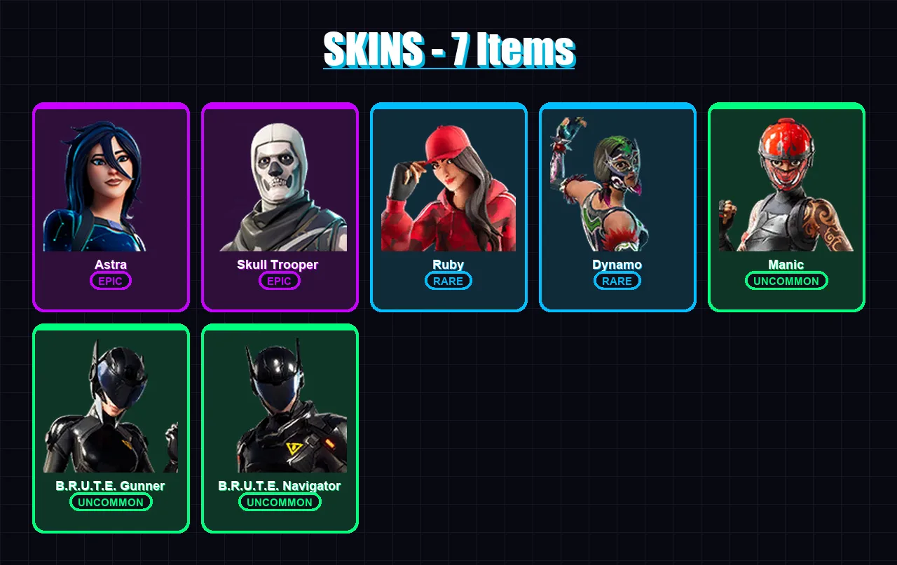 [PC/XBOX/PSN] | Astra | Skull Trooper  | Ruby | Dynamo | Manic | 7 skin | 10 pickaxe | 7 emote | 9 glider | Lv110