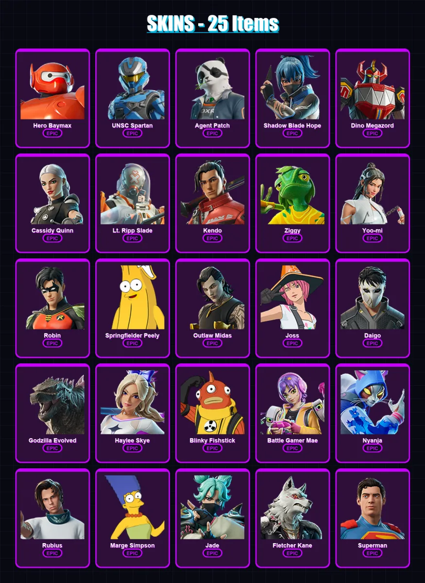 [PC/PSN] | Hero Baymax | UNSC Spartan | Agent Patch | Shadow Blade Hope | Dino Megazord | 25 skin | 62 pickaxe | 32 emote | 45 glider | Lv351