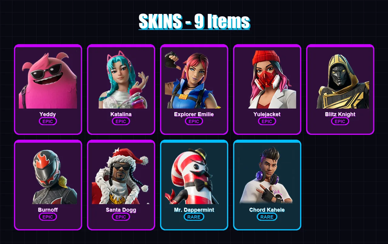 [PC/XBOX] | Yeddy | Katalina | Explorer Emilie | Yulejacket | Blitz Knight | 9 skin | 40 pickaxe | 13 emote | 25 glider | Lv255