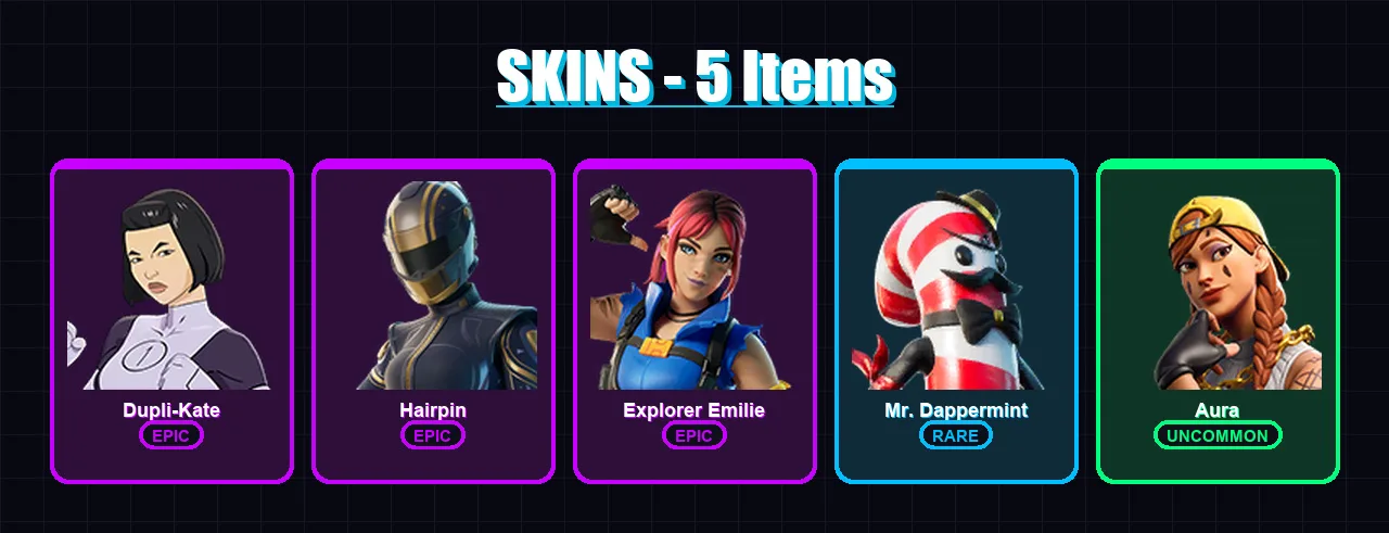 [PC] | Dupli-Kate | Hairpin | Explorer Emilie | Mr. Dappermint | Aura | 5 skin | 31 pickaxe | 10 emote | 15 glider | Lv238
