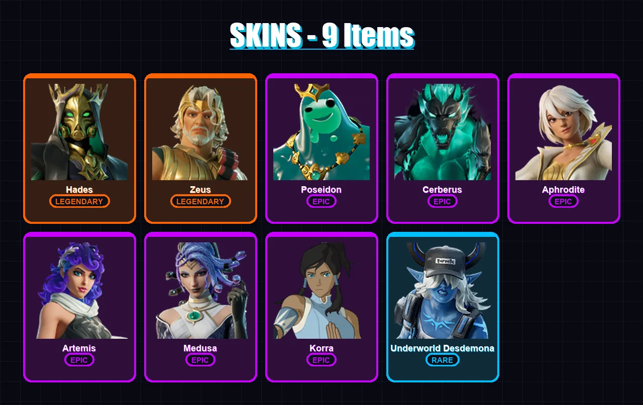 [PC/XBOX/PSN] | Hades | Zeus | Poseidon | Cerberus | Aphrodite | 9 skin | 16 pickaxe | 10 emote | 14 glider | Lv159