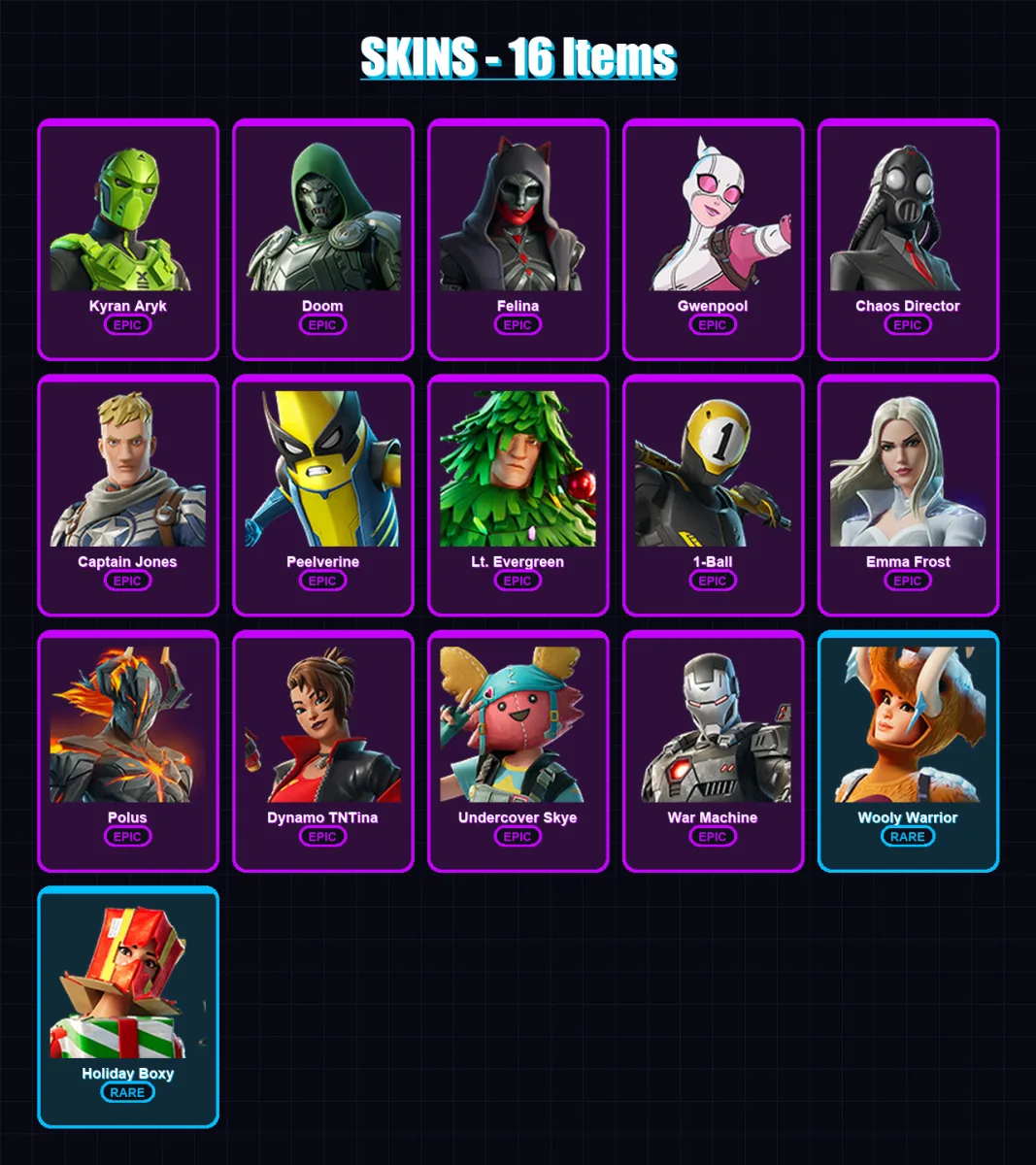 [PC/XBOX/PSN] | Kyran Aryk | Doom | Felina | Gwenpool | Chaos Director | 16 skin | 31 pickaxe | 22 emote | 19 glider | Lv298