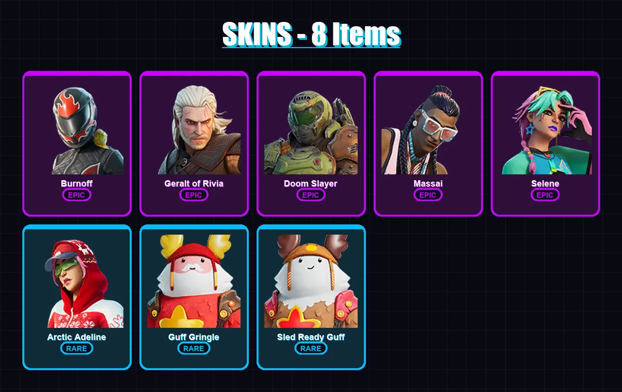[PC/XBOX/PSN] | Burnoff | Geralt of Rivia | Doom Slayer | Massai | Selene | 8 skin | 18 pickaxe | 11 emote | 17 glider | Lv130