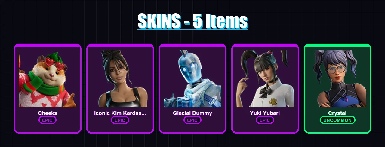 [PC/XBOX/PSN] | Cheeks | Iconic Kim Kardashian | Glacial Dummy | Yuki Yubari | Crystal | 5 skin | 24 pickaxe | 15 emote | 16 glider | Lv196
