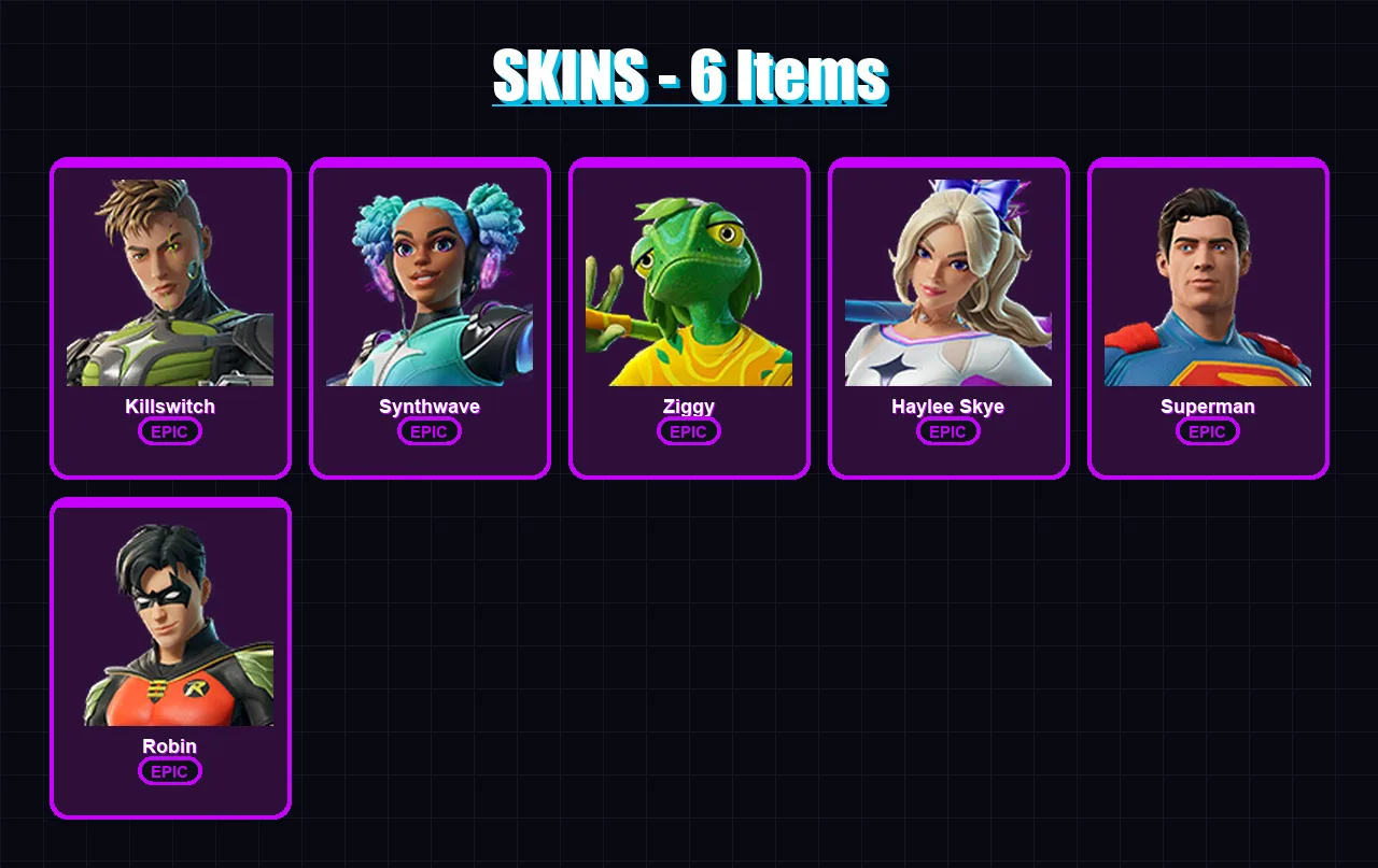 [PS4/PS5/XBOX/PC] | Killswitch | Synthwave | Ziggy | Haylee Skye | Superman | 6 skin | 24 pickaxe | 12 emote | 19 glider | Lv166