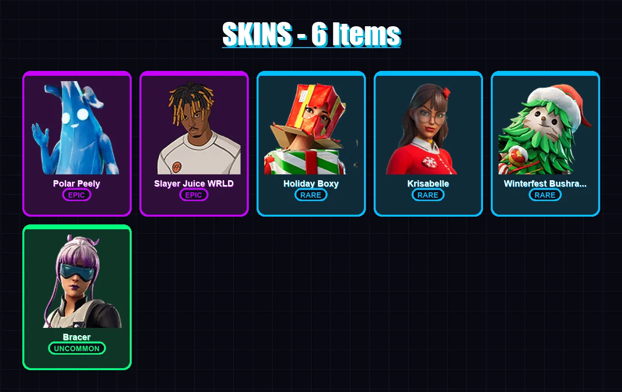 [PC/XBOX/PSN] | Polar Peely | Slayer Juice WRLD | Holiday Boxy | 6 skin | Lv380