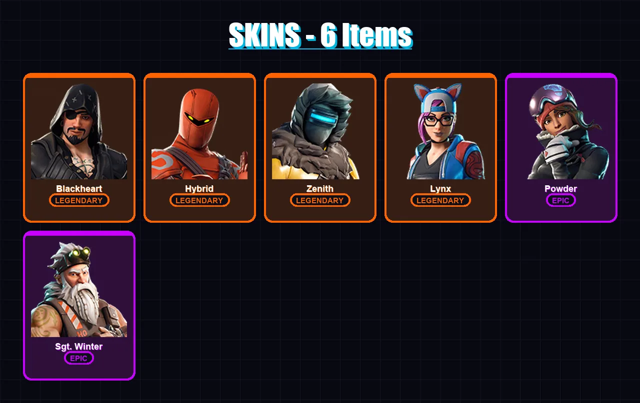 [SWITCH/XBOX/PSN/PC] | Blackheart | Hybrid | Zenith | Lynx | Powder | 6 skin | 10 pickaxe | 11 emote | 6 glider | Lv85
