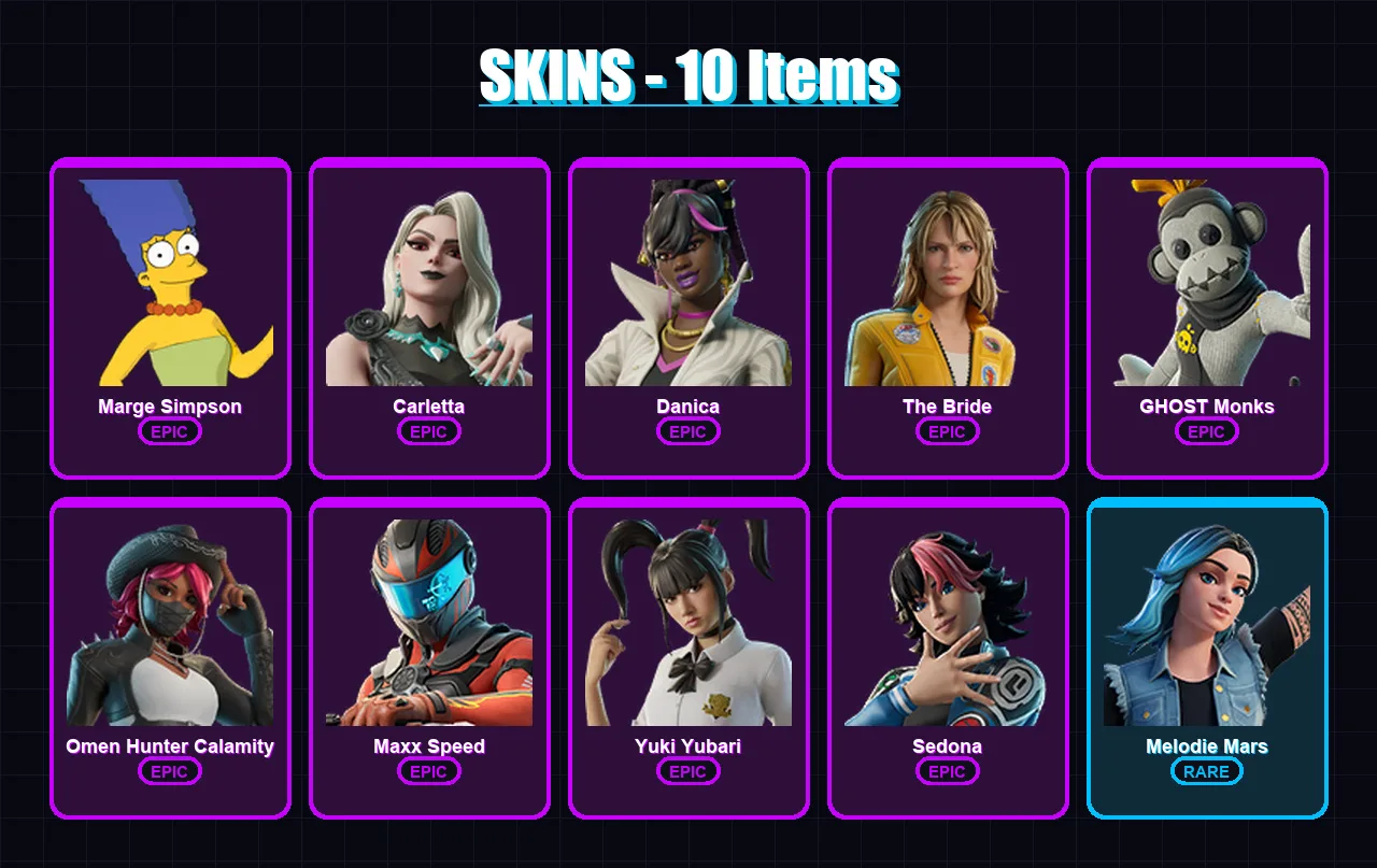 [PC/XBOX/PSN] | Marge Simpson | Carletta | Danica | The Bride | GHOST Monks | 10 skin | 11 pickaxe | 5 emote | 8 glider | Lv38