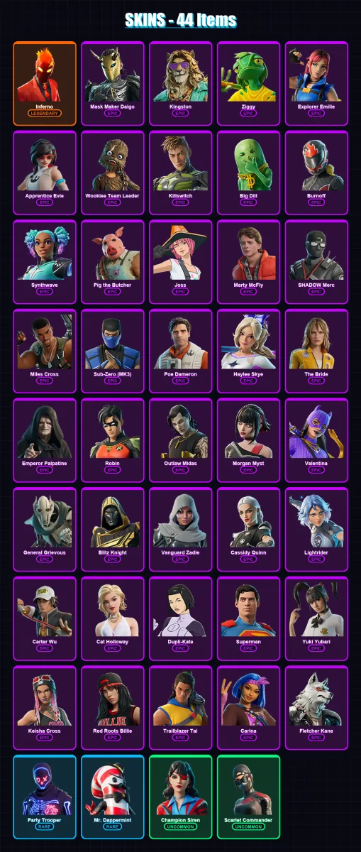 [PS4/PS5/XBOX/PC] | Inferno | Mask Maker Daigo | Kingston | Ziggy | Explorer Emilie | 44 skin | 85 pickaxe | 59 emote | 52 glider | Lv848