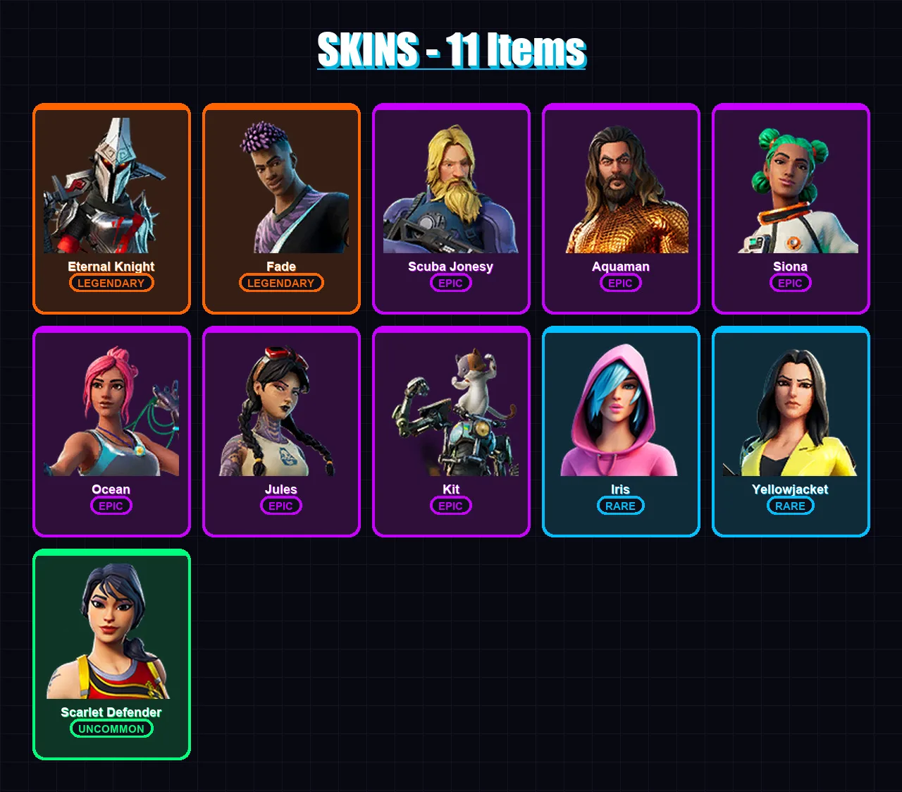 [PC/XBOX/PSN] | Eternal Knight | Fade | Scuba Jonesy | Aquaman | Siona | 11 skin | 13 pickaxe | 17 emote | 16 glider | Lv290