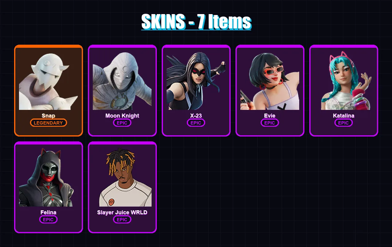 [PC/PSN] | Snap | Moon Knight | X-23 | Evie | Katalina | 7 skin | 24 pickaxe | 11 emote | 11 glider | Lv171