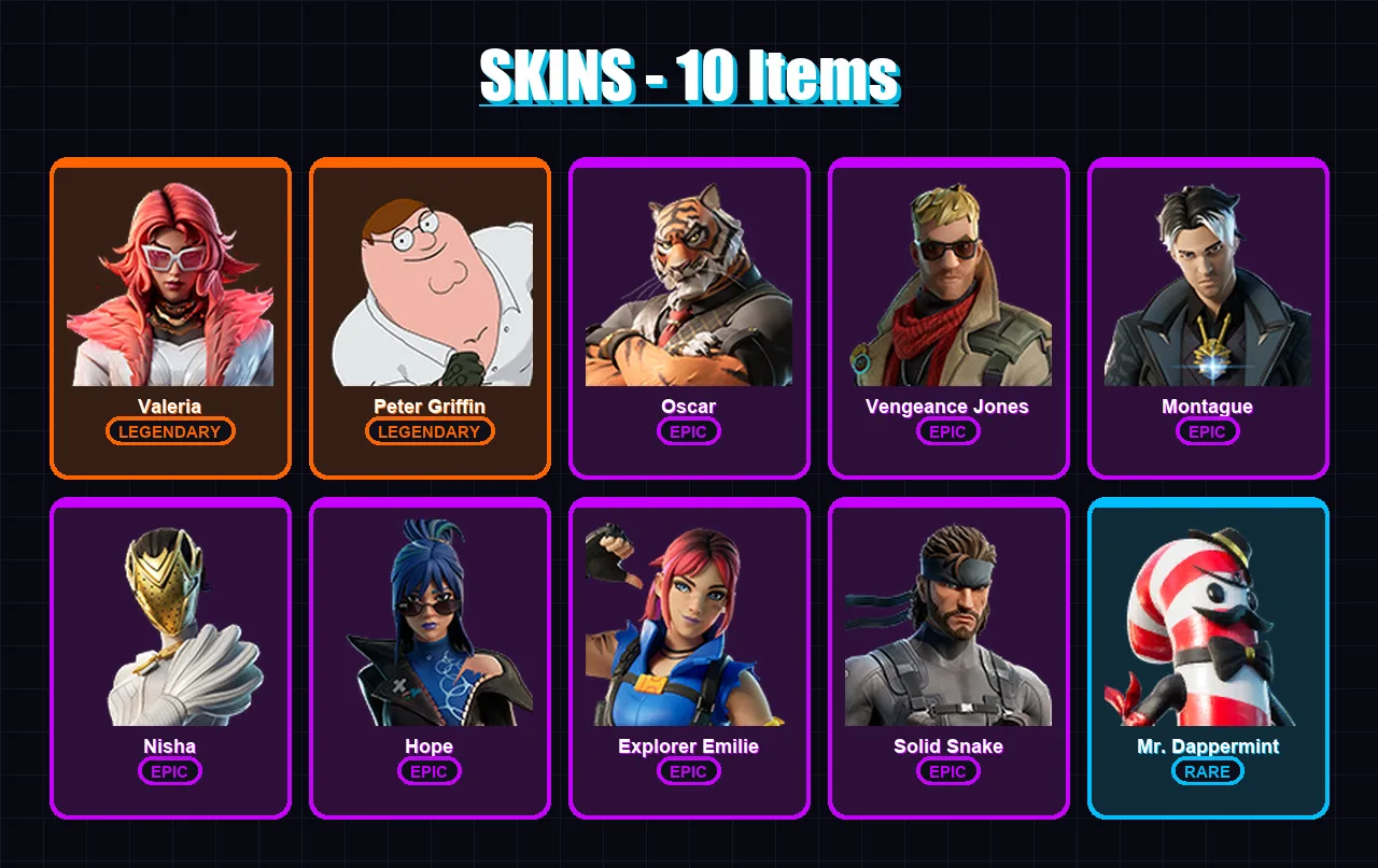 [PC/XBOX/PSN] | Valeria | Peter Griffin | Oscar | Vengeance Jones | Montague | 10 skin | 10 pickaxe | 18 emote | 12 glider | Lv242
