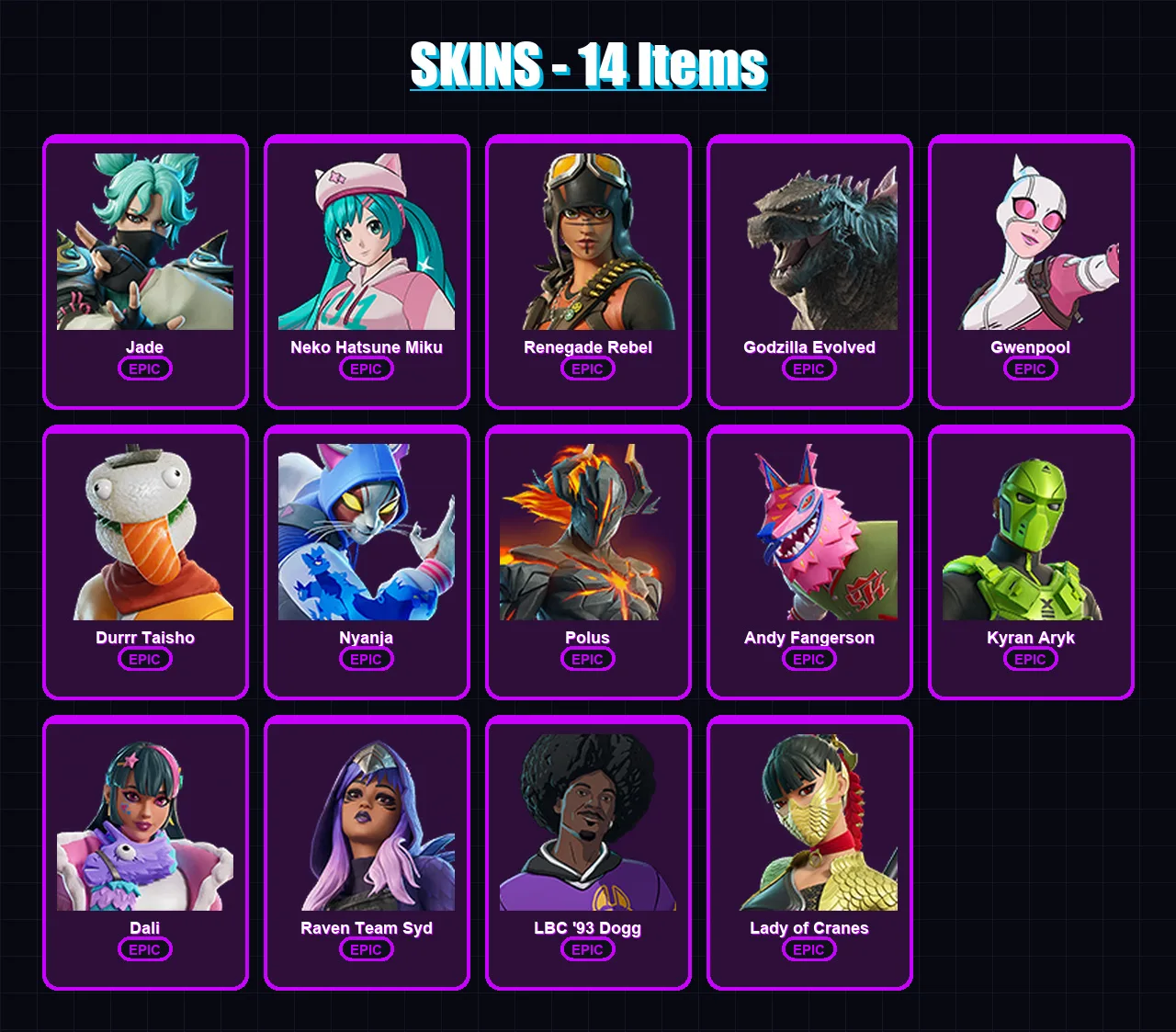 [PC/PSN] | Jade | Neko Hatsune Miku | Renegade Rebel | Godzilla Evolved | Gwenpool | 14 skin | 14 pickaxe | 8 emote | 10 glider | Lv51 — Game account