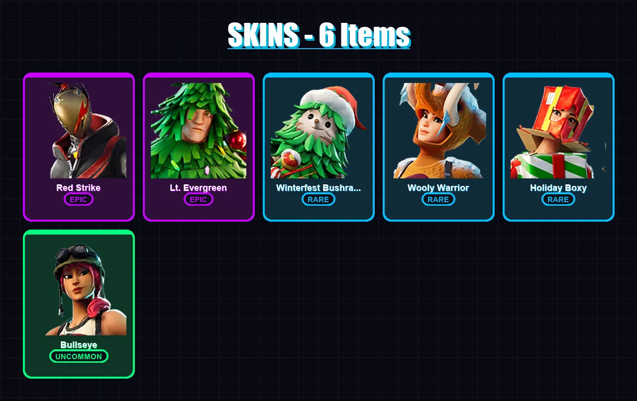 [PC/XBOX] | Red Strike | Lt. Evergreen | Winterfest Bushranger | Wooly Warrior | Holiday Boxy | 6 skin | 17 pickaxe | 19 emote | 18 glider | Lv399