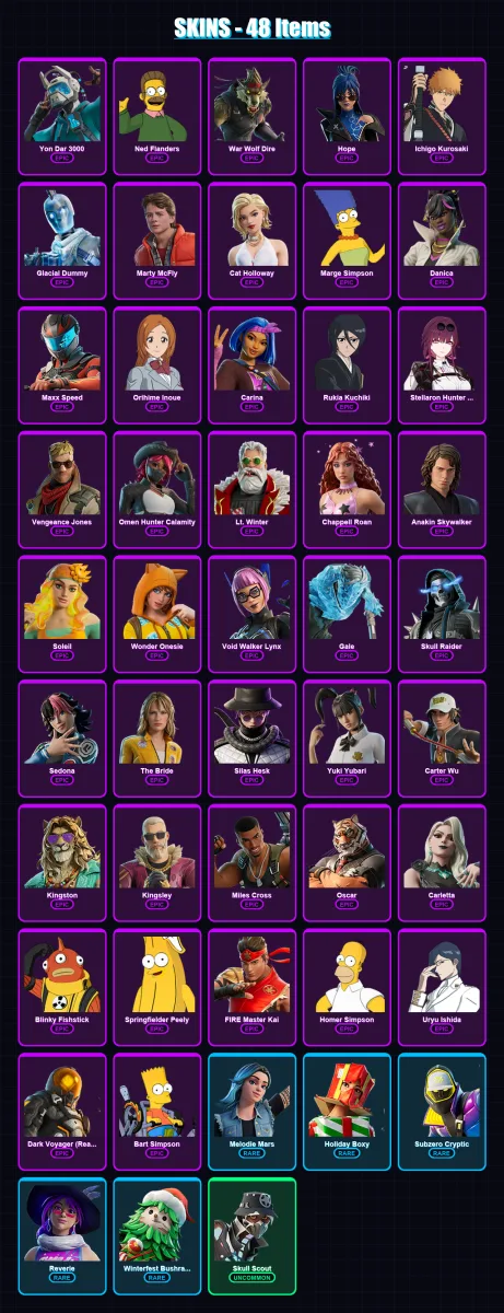 [PS4/PS5/PC] | Yon Dar 3000 | Ned Flanders | War Wolf Dire | Hope | Ichigo Kurosaki | 48 skin | 65 pickaxe | 32 emote | 29 glider | Lv219