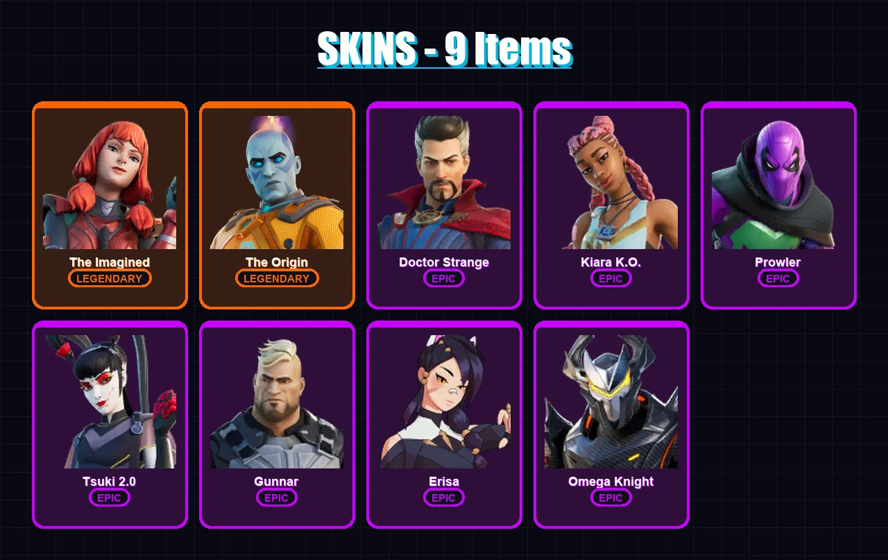 [PC/XBOX/PSN] | The Imagined | The Origin | Doctor Strange | Kiara K.O. | Prowler | 9 skin | 12 pickaxe | 7 emote | 13 glider | Lv168