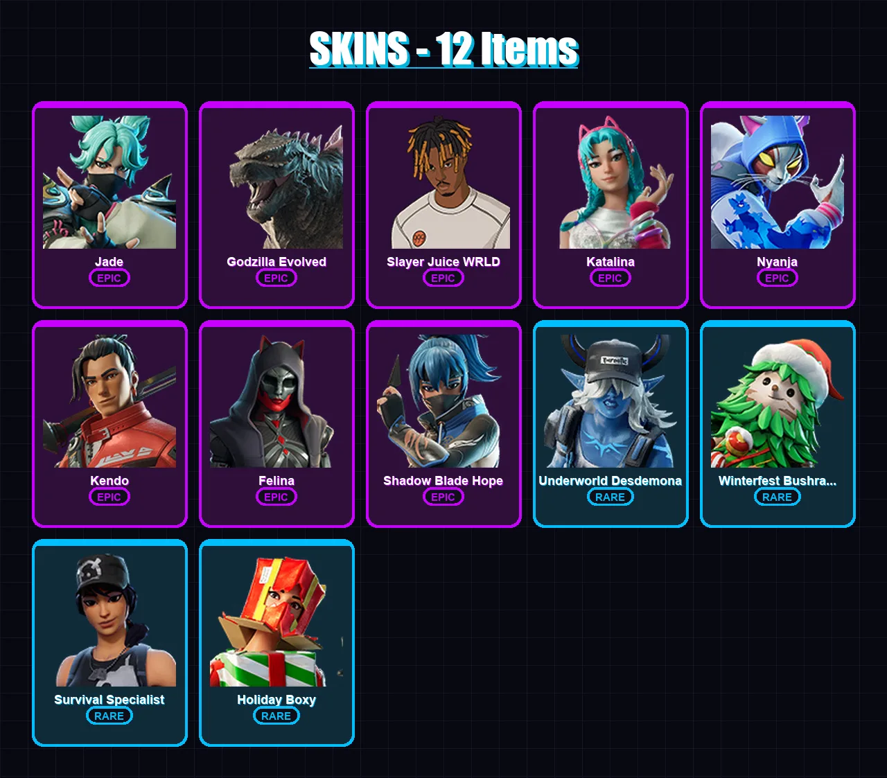 [PC/XBOX/PSN] | Jade | Godzilla Evolved | Slayer Juice WRLD | Katalina | Nyanja | 12 skin | 51 pickaxe | 28 emote | 38 glider | Lv1179