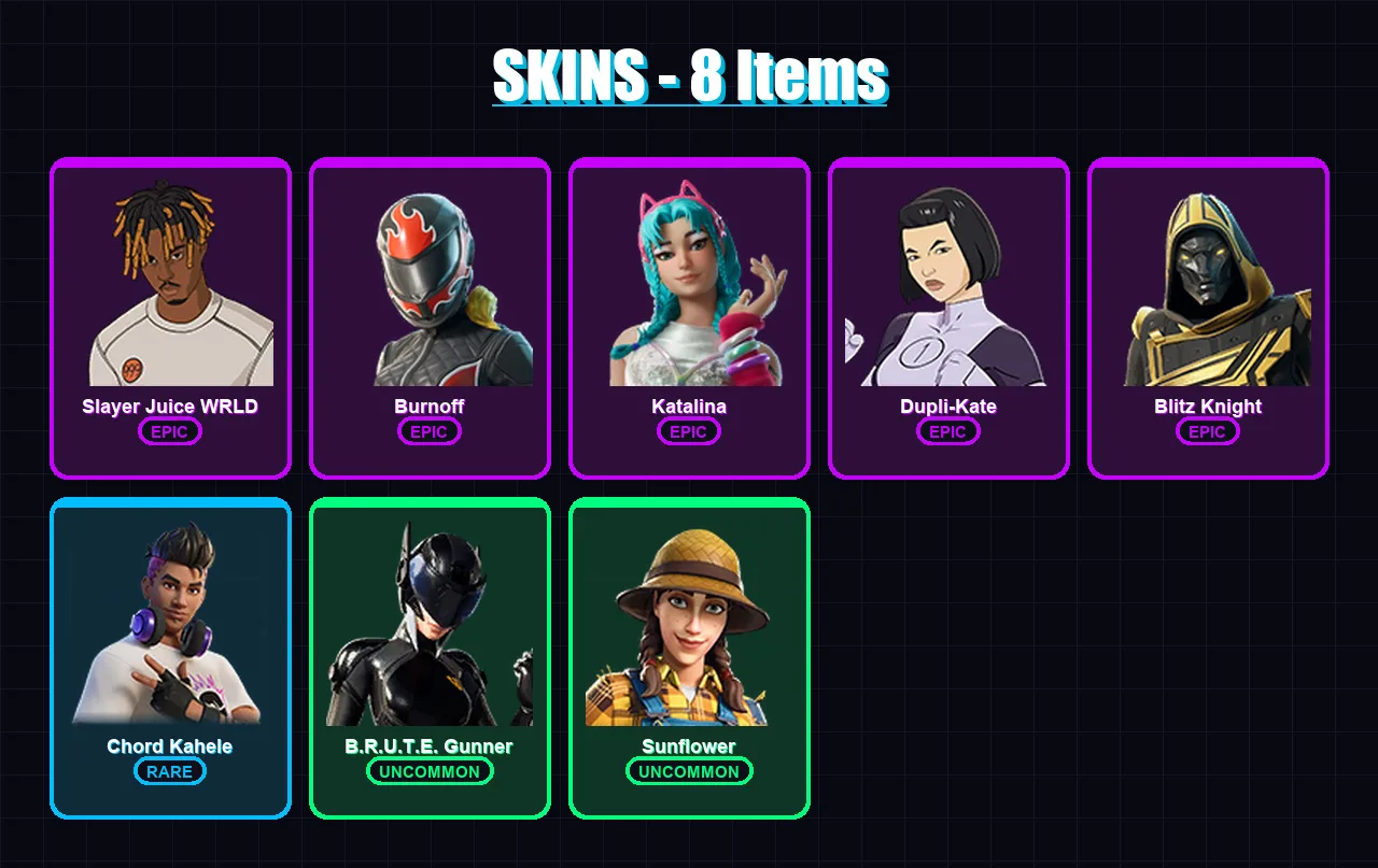 [PC/XBOX/PSN] | Slayer Juice WRLD | Burnoff | Katalina | Dupli-Kate | Blitz Knight | 8 skin | 33 pickaxe | 12 emote | 20 glider | Lv243
