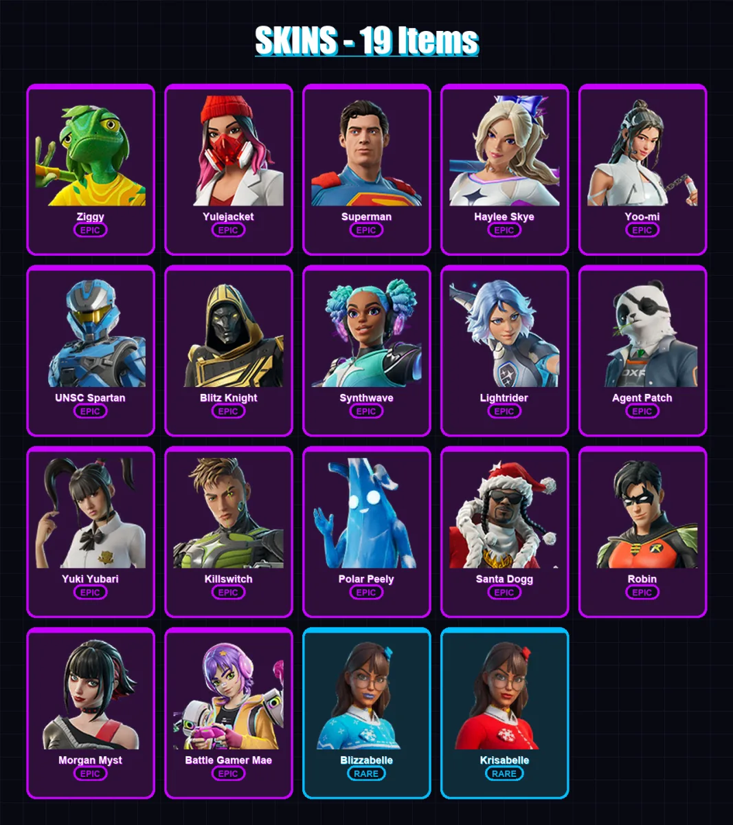 [PC/PSN] | Ziggy | Yulejacket | Superman | Haylee Skye | Yoo-mi | 19 skin | 48 pickaxe | 31 emote | 32 glider | Lv571