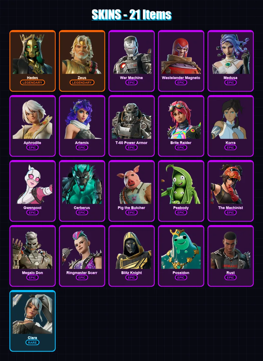 [PC/XBOX/PSN] | Hades | Zeus | War Machine | Wastelander Magneto | Medusa | 21 skin | 55 pickaxe | 31 emote | 39 glider | Lv497