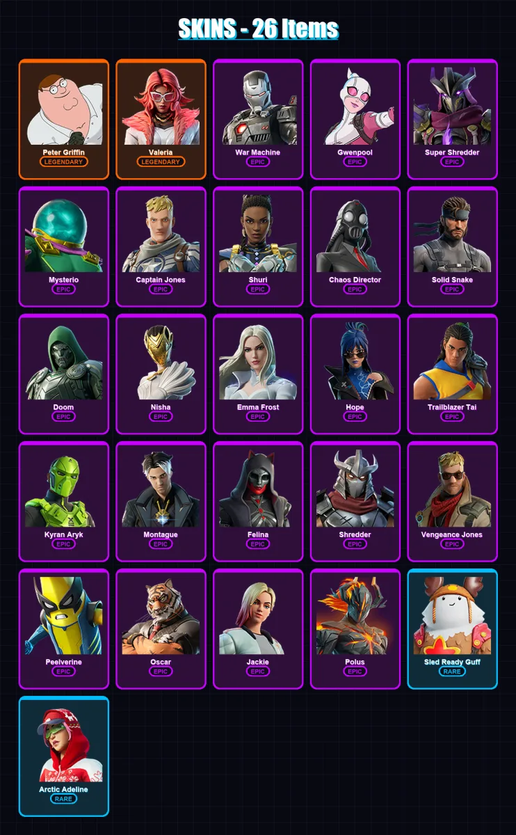 [PC/XBOX/PSN] | Peter Griffin | Valeria | War Machine | Gwenpool | Super Shredder | 26 skin | 32 pickaxe | 33 emote | 23 glider | Lv443