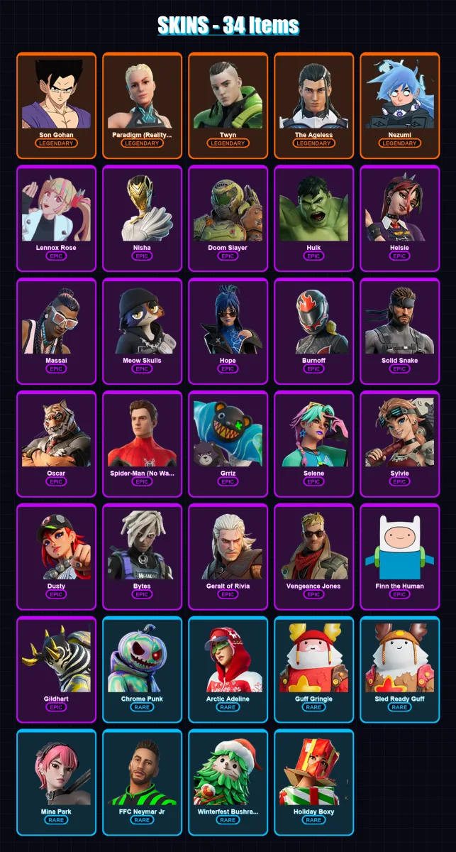 [PC/XBOX/PSN] | Son Gohan | Paradigm (Reality-659) | Twyn | The Ageless | Nezumi | 34 skin | 34 pickaxe | 37 emote | 34 glider | Lv326