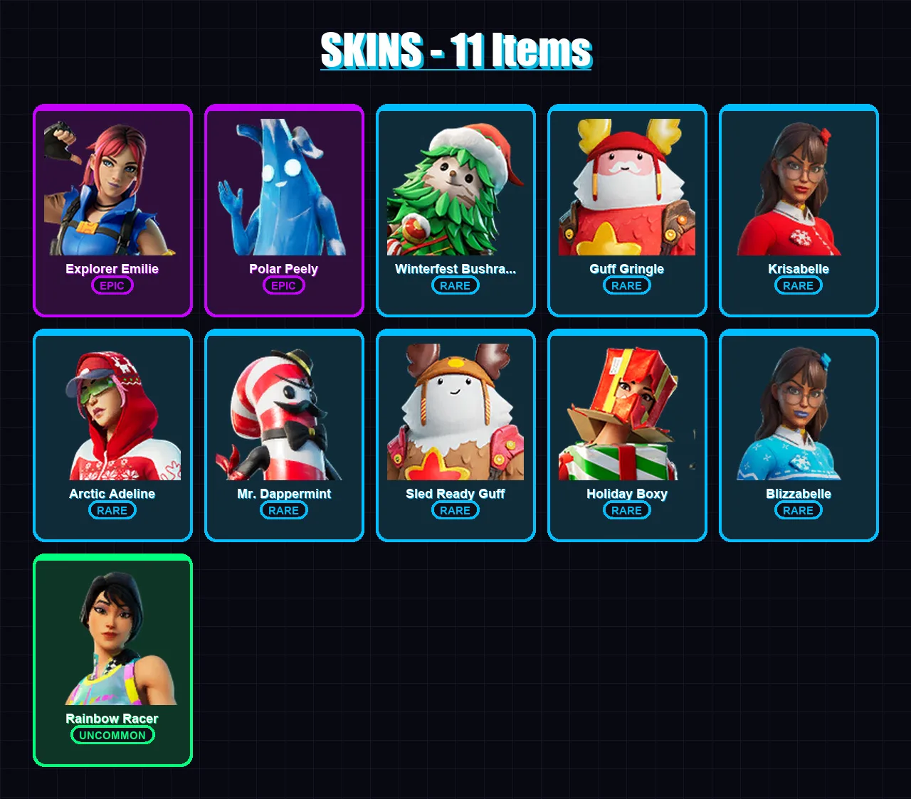 [PC/XBOX/PSN] | Explorer Emilie | Polar Peely | Winterfest Bushranger | 11 skin | Lv209