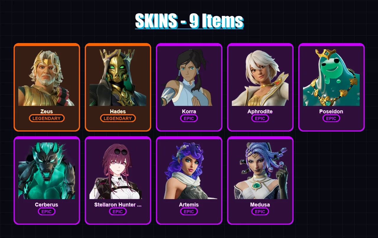 [PC/XBOX/PSN] | Zeus | Hades | Korra | Aphrodite | Poseidon | 9 skin | 43 pickaxe | 30 emote | 39 glider | Lv509