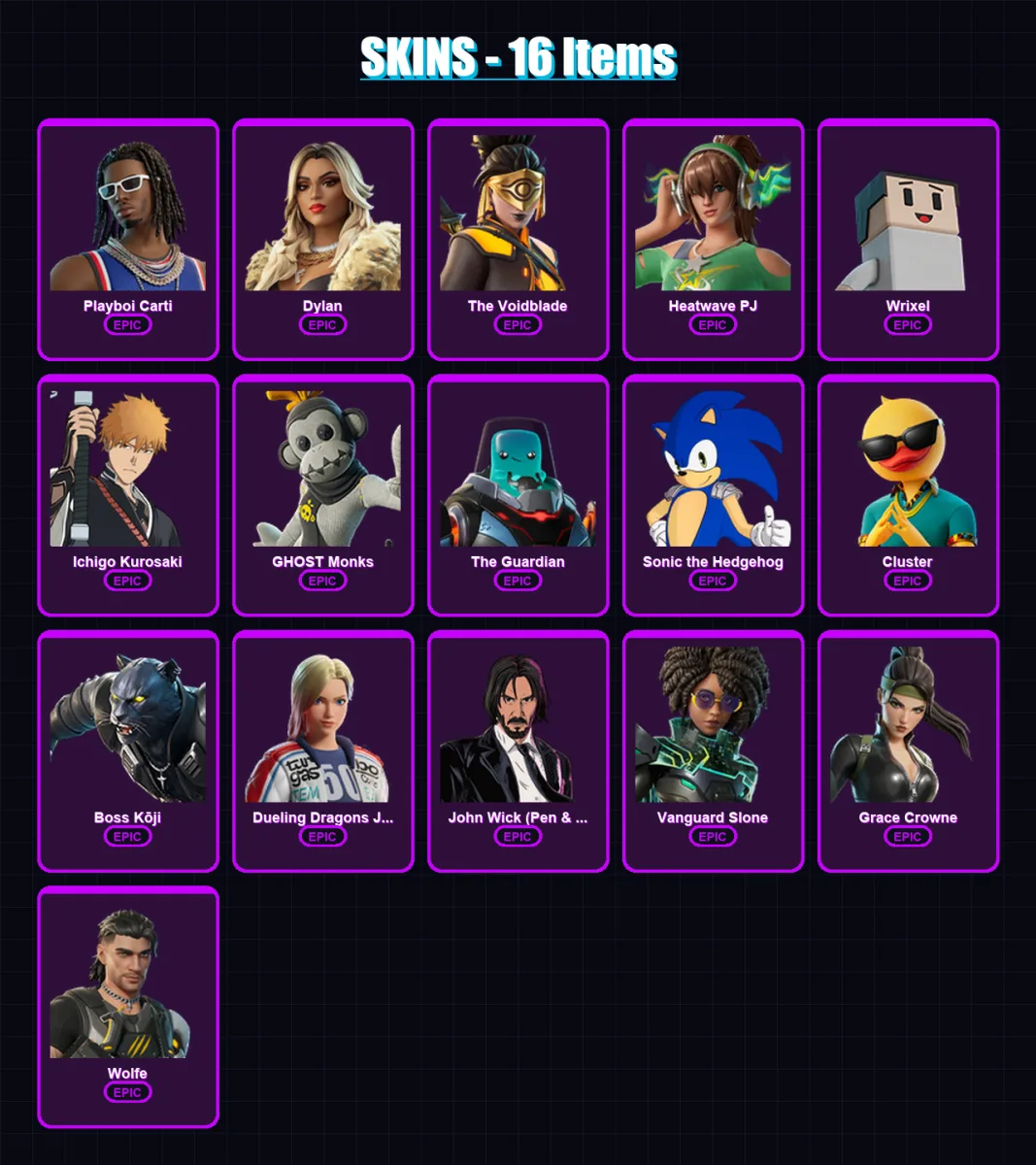[PS4/PS5/PC] | Playboi Carti | Dylan | The Voidblade | Heatwave PJ | Wrixel | 16 skin | 35 pickaxe | 19 emote | 28 glider | Lv316