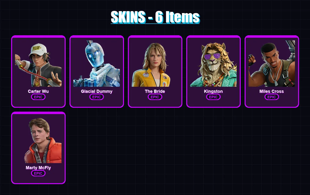 [PC/XBOX/PSN] | Carter Wu | Glacial Dummy | The Bride | Kingston | Miles Cross | 6 skin | 24 pickaxe | 11 emote | 12 glider | Lv182 — Game account