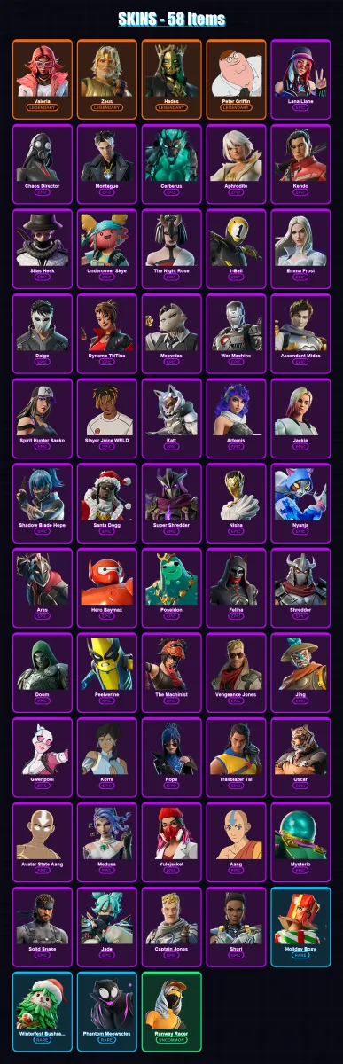 [PC/XBOX/PSN] | Valeria | Zeus | Hades | Peter Griffin | Lana Llane | 58 skin | 78 pickaxe | 59 emote | 51 glider | Lv918 — Fortnite account