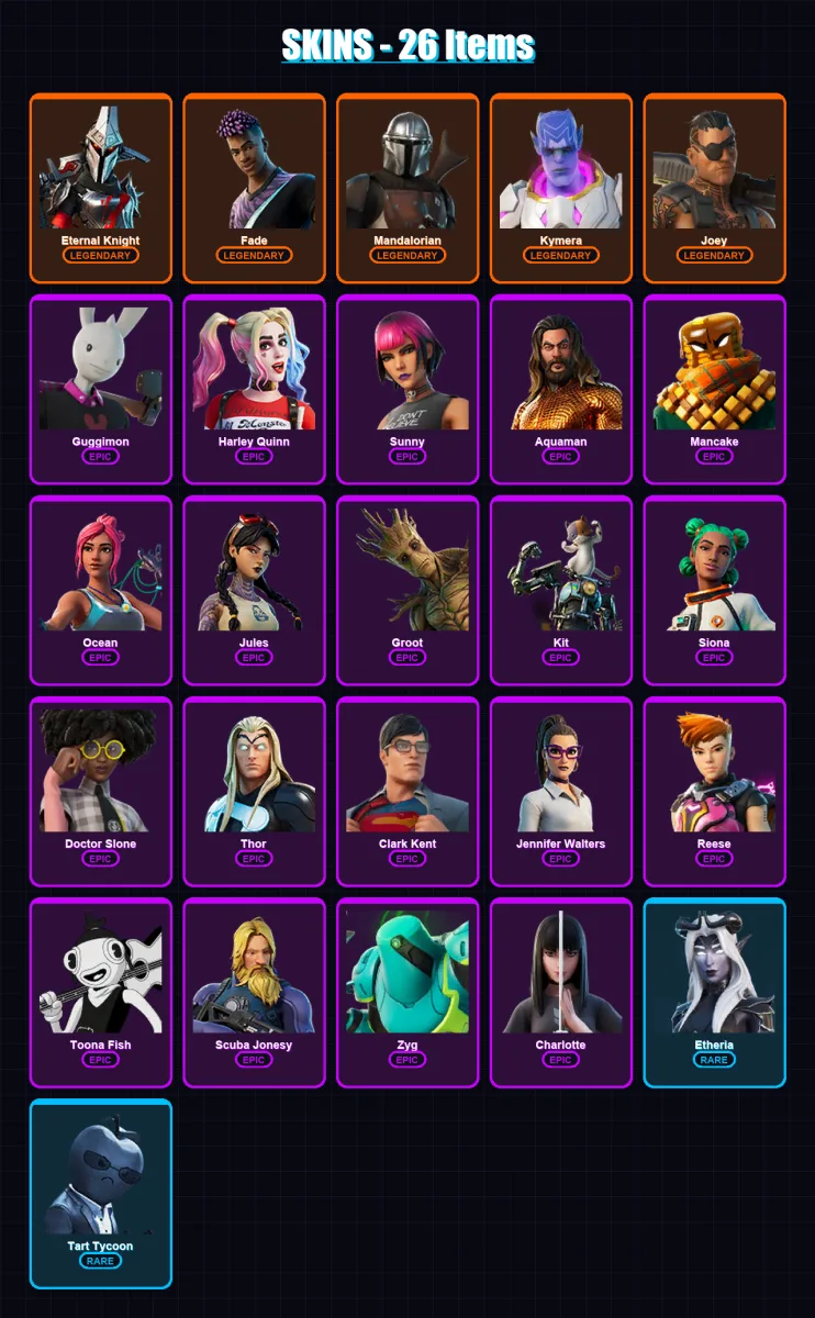 [PC/XBOX/PSN] | Eternal Knight | Fade | Mandalorian | Kymera | Joey | 26 skin | 32 pickaxe | 24 emote | 29 glider | Lv342