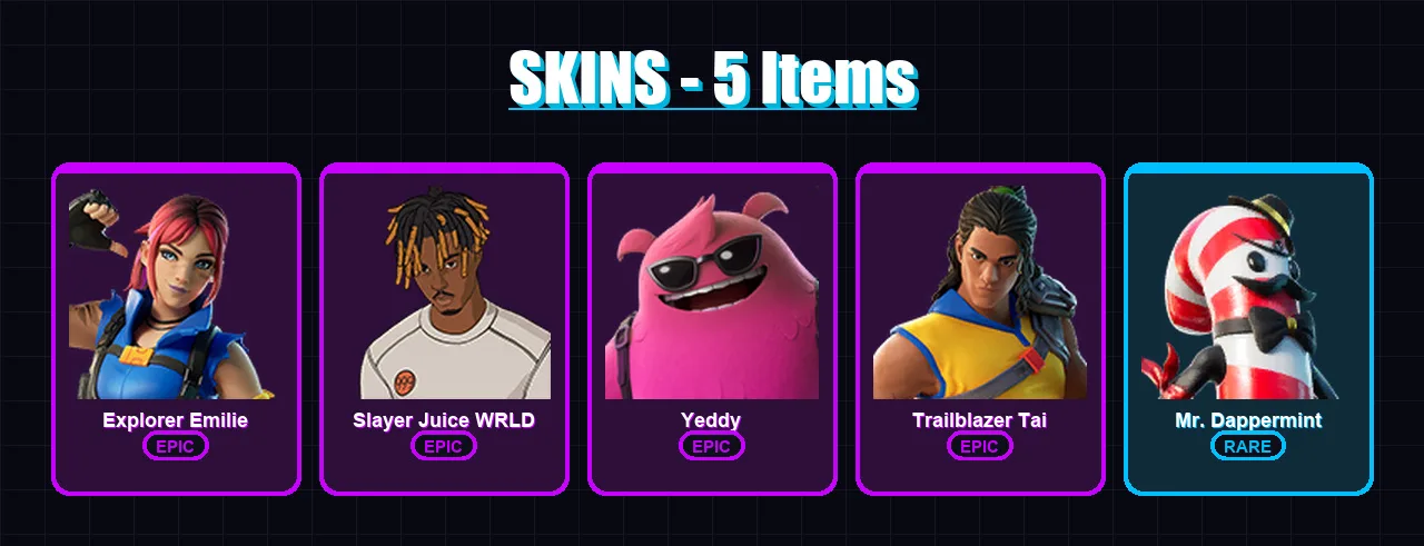 [PC/XBOX/PSN] | Explorer Emilie | Slayer Juice WRLD | Yeddy | Trailblazer Tai | Mr. Dappermint | 5 skin | 19 pickaxe | 13 emote | 12 glider | Lv207