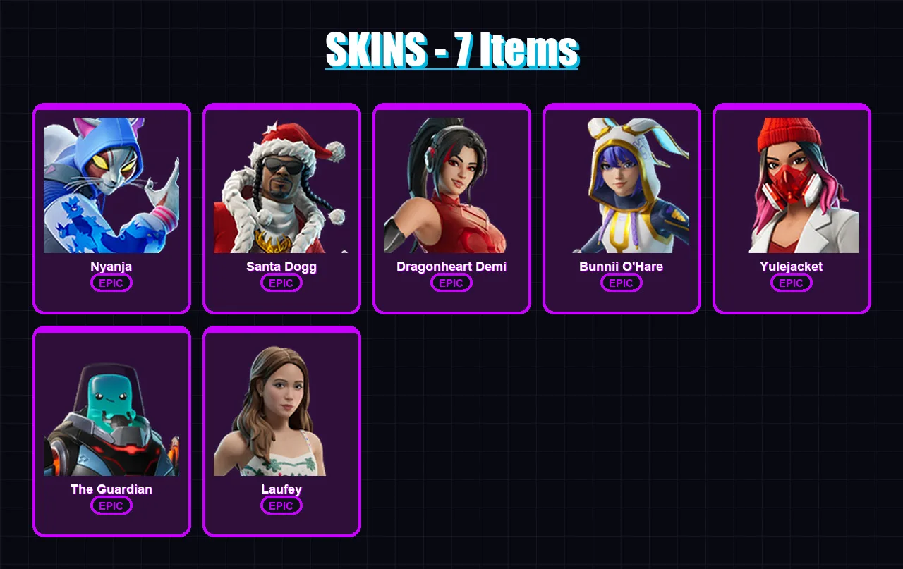 [PC/PSN] | Nyanja | Santa Dogg | Dragonheart Demi | Bunnii O'Hare | Yulejacket | 7 skin | 10 pickaxe | 4 emote | 6 glider | Lv26